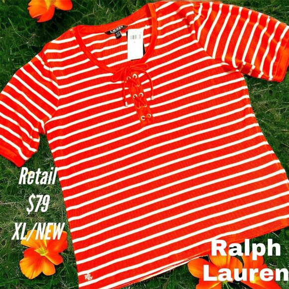 NEW-Ralph Lauren XL Womens Top Waffle-Knit Orange Striped Puff-Sleeve Shirt-$79 - Picture 1 of 11